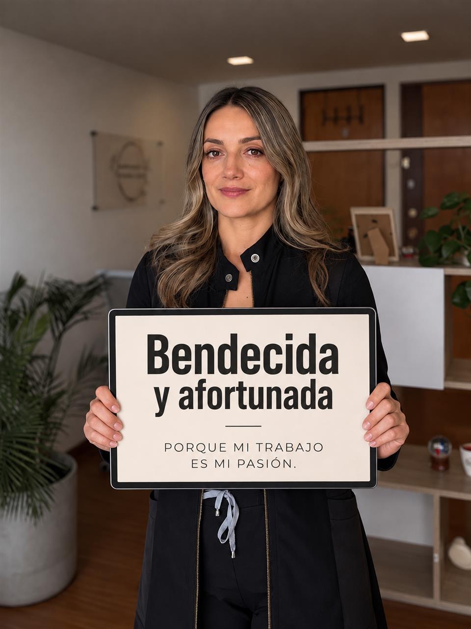 Ivonne Alfonso con un cartel que dice Bendecida y afortunada